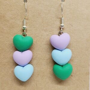 Handmade Heart Drop Earrings‎ Pastel Green Purple Blue Cute Fun Dangle Earrings